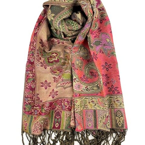Vintage Style Green & Pink Paisley Pashmina Scarf for Women, Floral Shawl Wrap - Picture 4 of 4